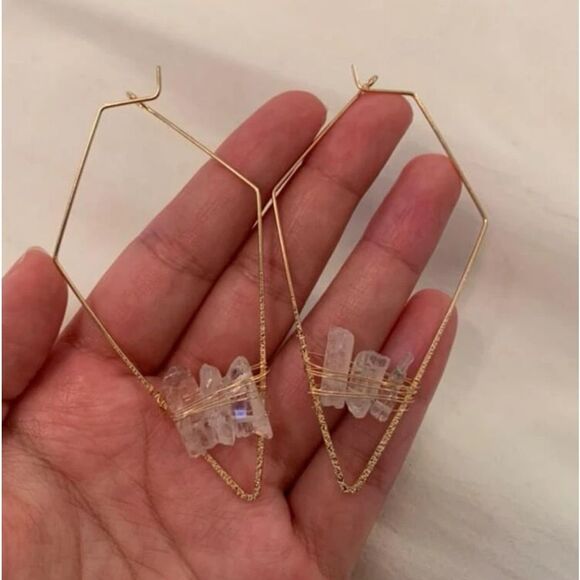 Crystal Quartz Stone Gold Geometric Triangle Hoop Statement Earrings - Picture 14 of 14